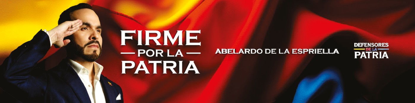 Campaign banner of Abelardo de la Espriella saluting against the Colombian flag with the slogan Firme por la patria