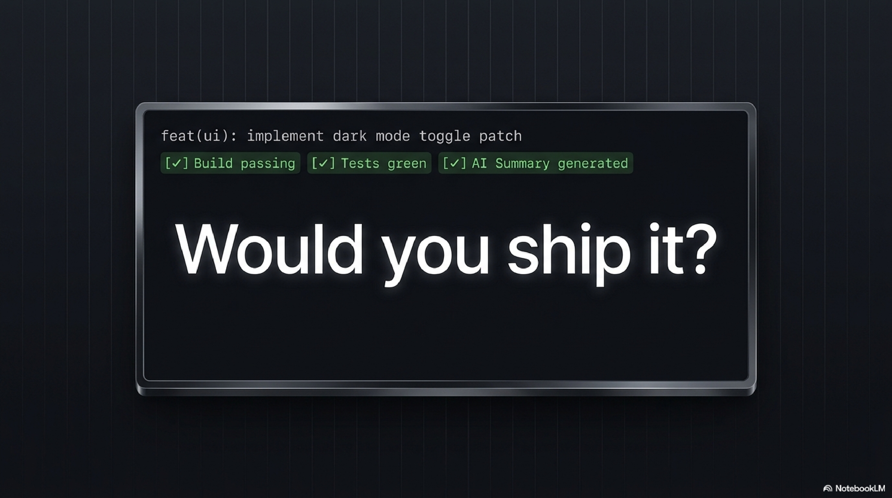 Illustration asking whether to ship an AI-generated patch after the build and tests pass